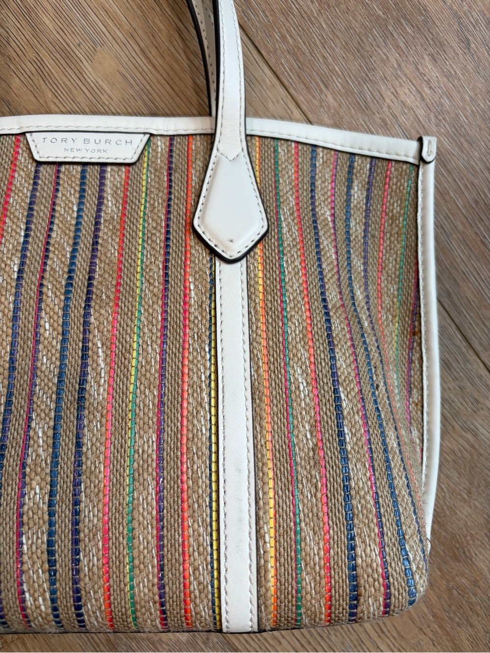 Tory Burch Small Perry Stripe Raffia Tote Multicolor Ivory Leather - Picture 7 of 12